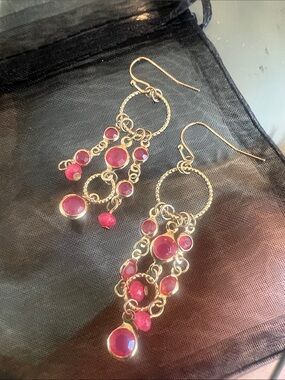 Gold Hoop Drop Earrings with Pink Stone Charms